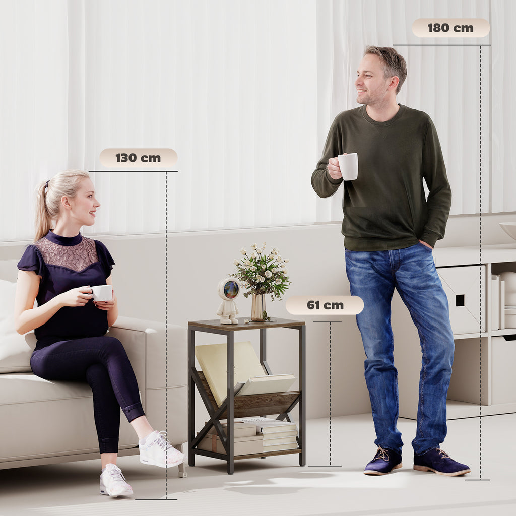 Narrow Side Table, End Table with 3-Tier Storage, V-Shaped Magazine Holder for Living Room, Bedroom, 40 x 30 x 61cm, Oak