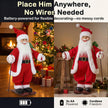 Santa figure displayed beside a Christmas tree