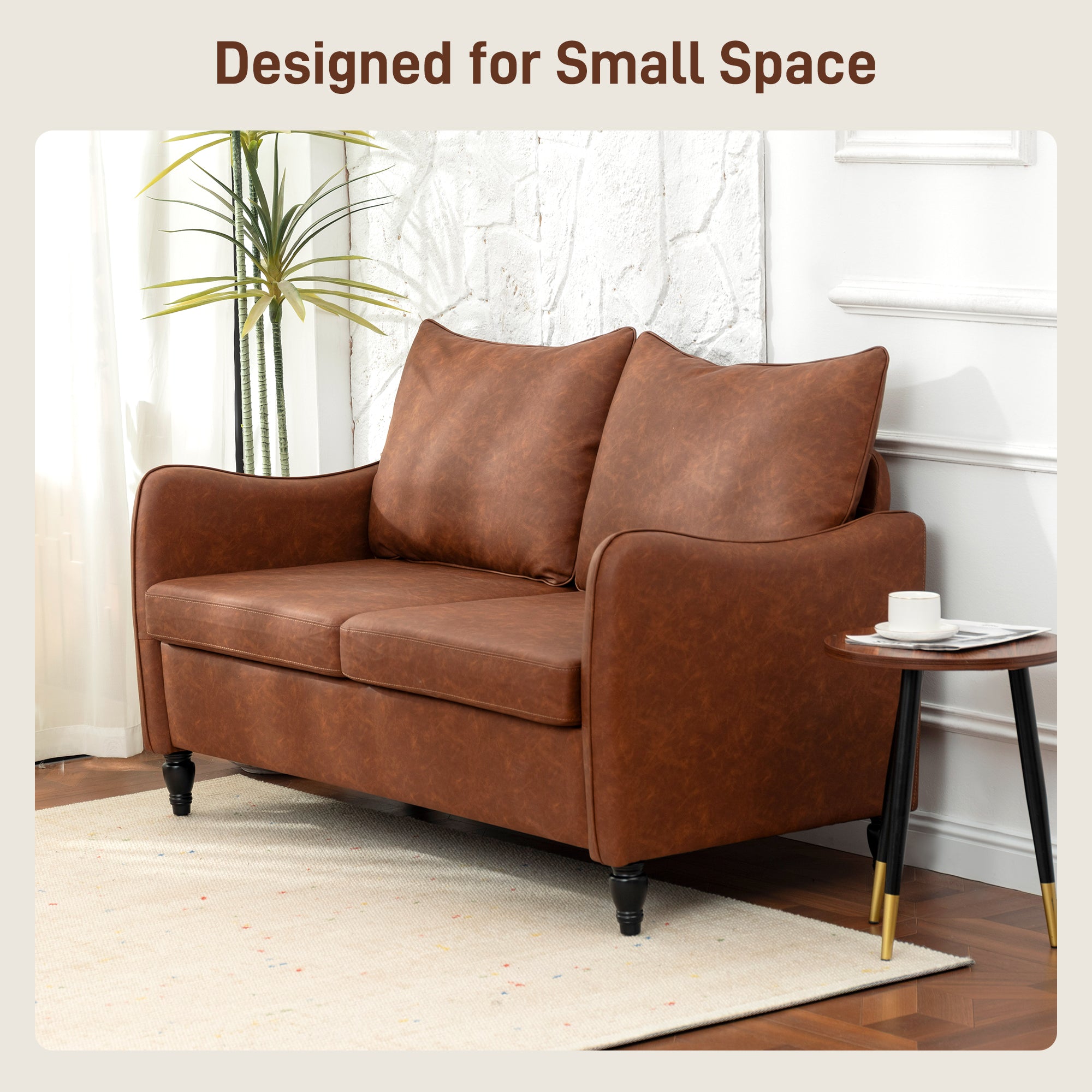 Faux Leather Marble-Effect Two-Seater Sofa - Brown
