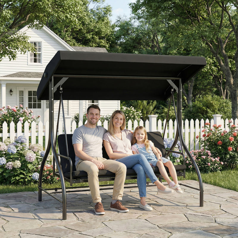 Outsunny 3 Seater Canopy Swing Chair, 2 in 1 Garden Swing Seat Bed, with Adjustable Canopy and Metal Frame, Black – view 8