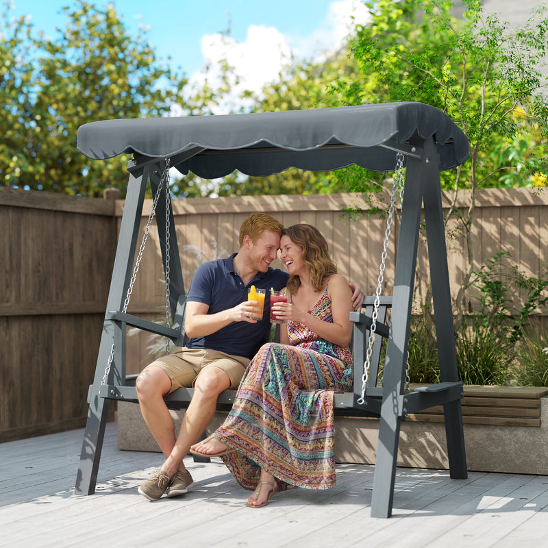 Outsunny 2 Seater Garden Swing Seat with Canopy, Wooden Swing Chair, Outdoor Hammock Bench for Balcony Patio Porch, Grey – view 2