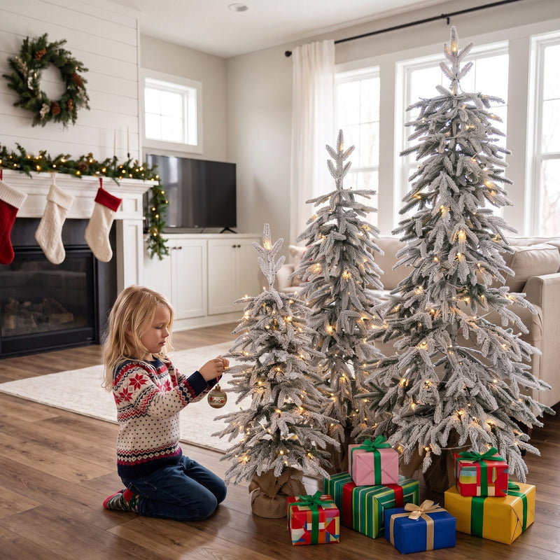 Set of 3 pre-lit flocked pencil trees, PE tips – image 8