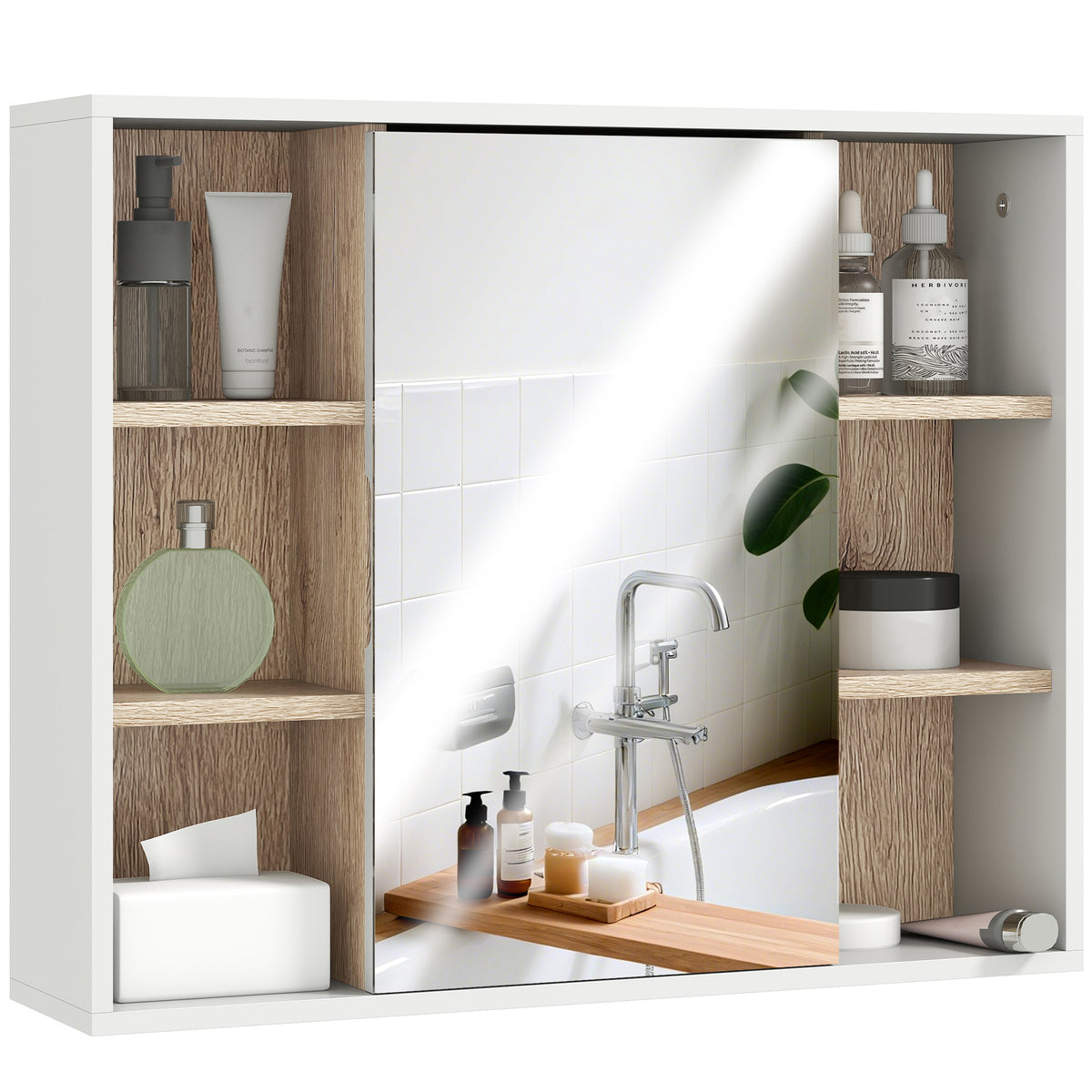 White and wood-effect wall mirror cabinet with central mirrored door and open side shelves