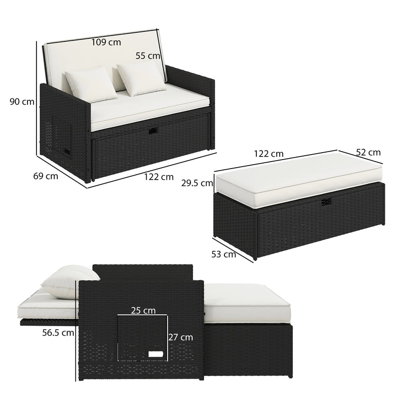 Outsunny Rattan Garden Daybed, Double Sun Lounger with 5-Level Adjustable Back, Storage Ottoman, Cream White – view 3