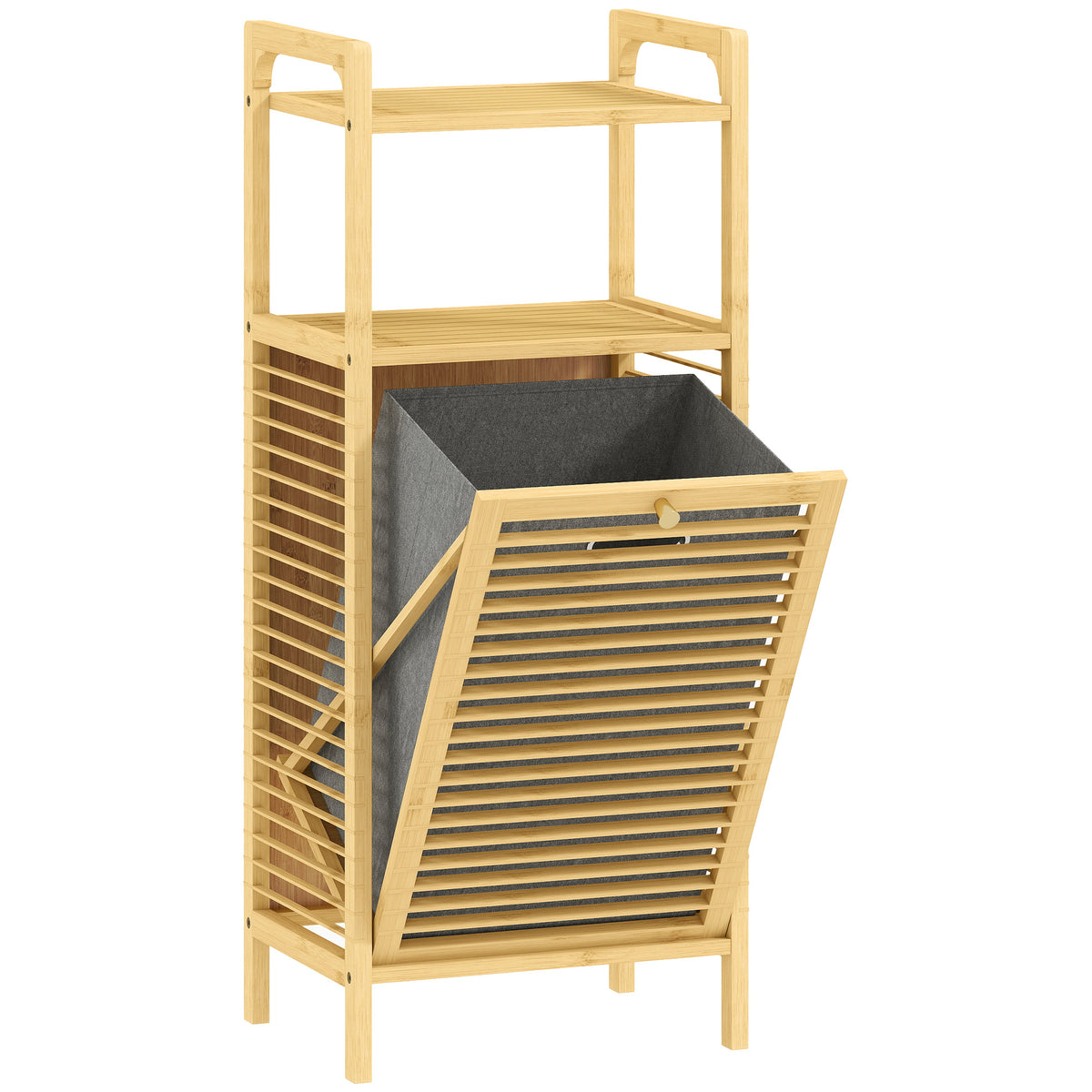Natural bamboo laundry cabinet with slatted tilt-out door, grey removable hamper and shelves