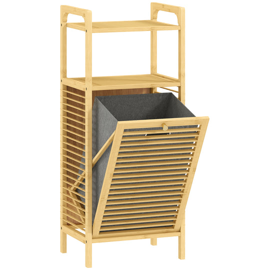 Natural bamboo laundry cabinet with slatted tilt-out door, grey removable hamper and shelves