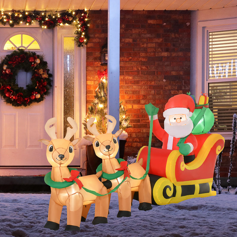 8ft Santa Sleigh and Reindeer Christmas Inflatable displayed outside a decorated home