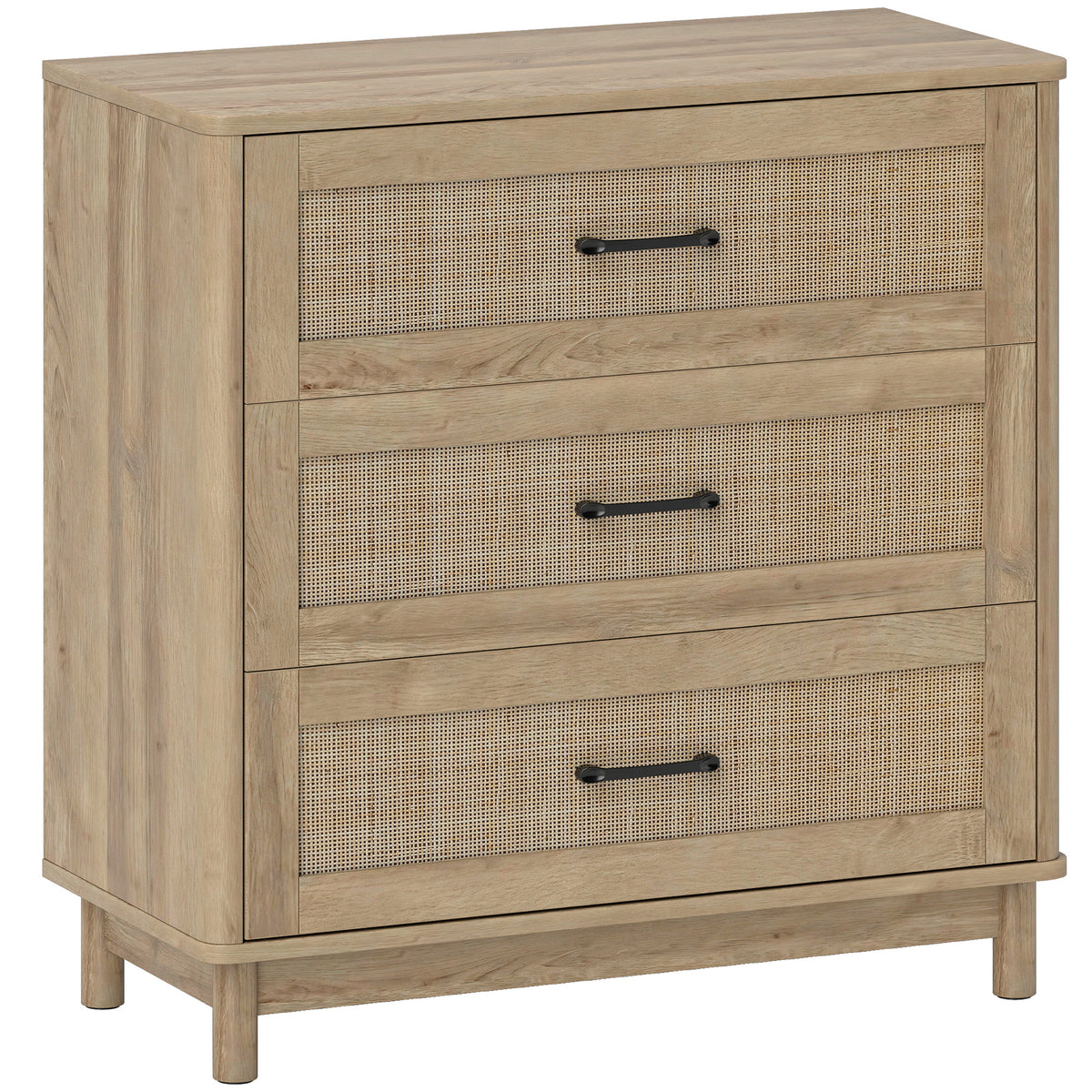 Oak-effect 76 cm chest of drawers with three rattan-front drawers and pine legs