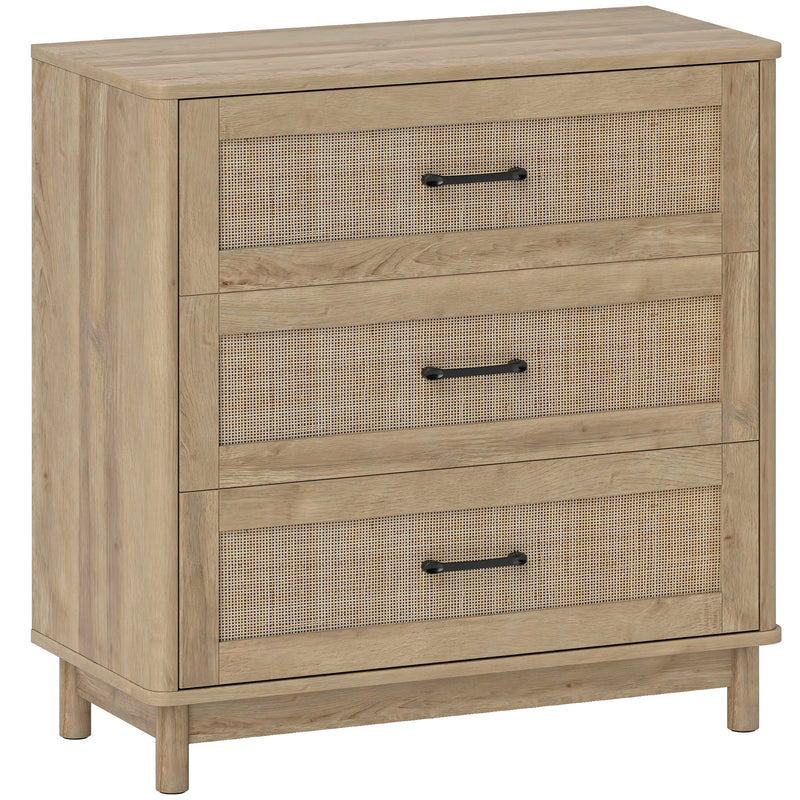 Oak-effect 76 cm chest of drawers with three rattan-front drawers and pine legs