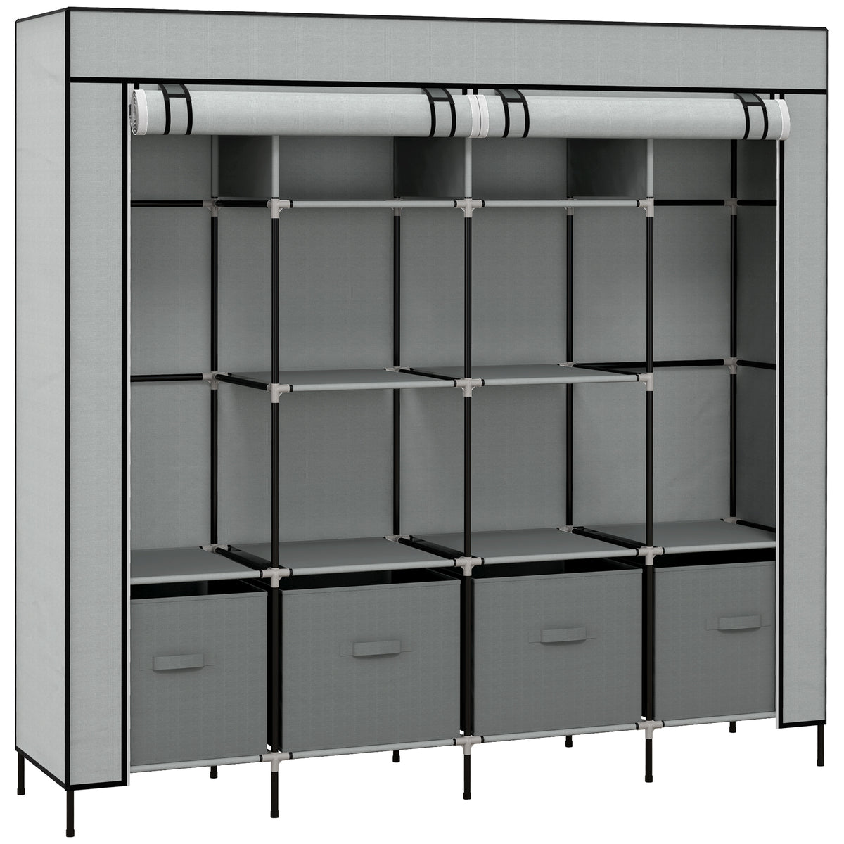 Large dark grey 166 cm fabric wardrobe with ten compartments, two hanging areas and four drawers