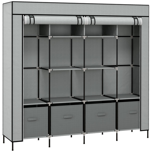 Large dark grey 166 cm fabric wardrobe with ten compartments, two hanging areas and four drawers