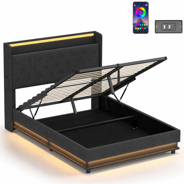 Black 4ft6 double ottoman storage bed with cushioned headboard, LED lights and lifted storage base