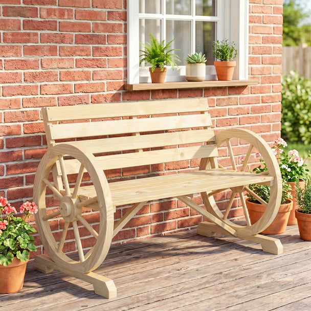 Outsunny Wagon Wheel Chair Bench Armrest Rustic Loveseat Wood Outdoor Garden, Natural – view 2