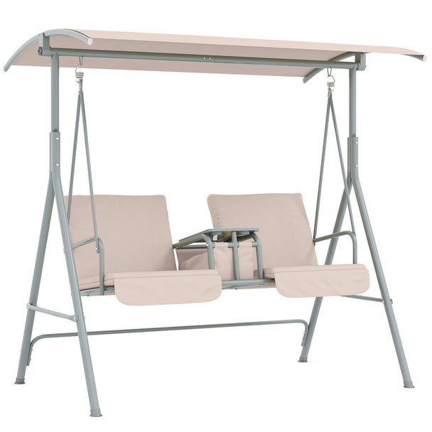 Beige 2-seater garden swing chair with metal A-frame, tilting canopy, padded seats and middle table