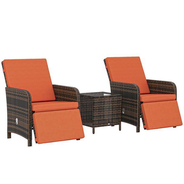 Brown rattan bistro set with two reclining chairs, orange cushions and two-tier glass-top table