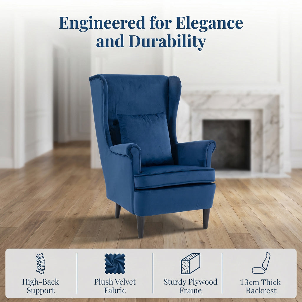 Modern Accent Chair with High Backrest and Pillow, Velvet-Feel Fabric Reading Chair with Solid Wood Legs, Blue