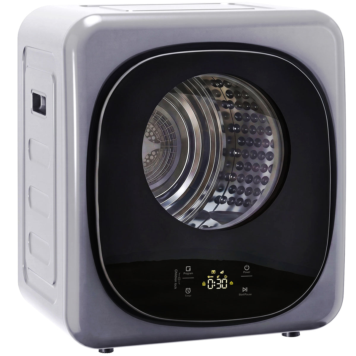 Silver-tone 4 kg compact vented tumble dryer with touch control and see-through door