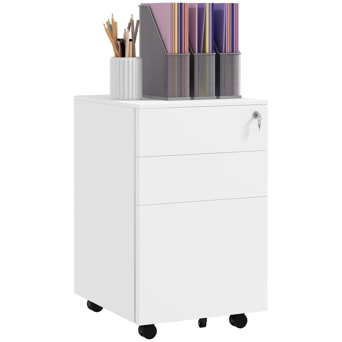 White steel 3-drawer mobile filing cabinet with key lock and pencil tray on castor wheels