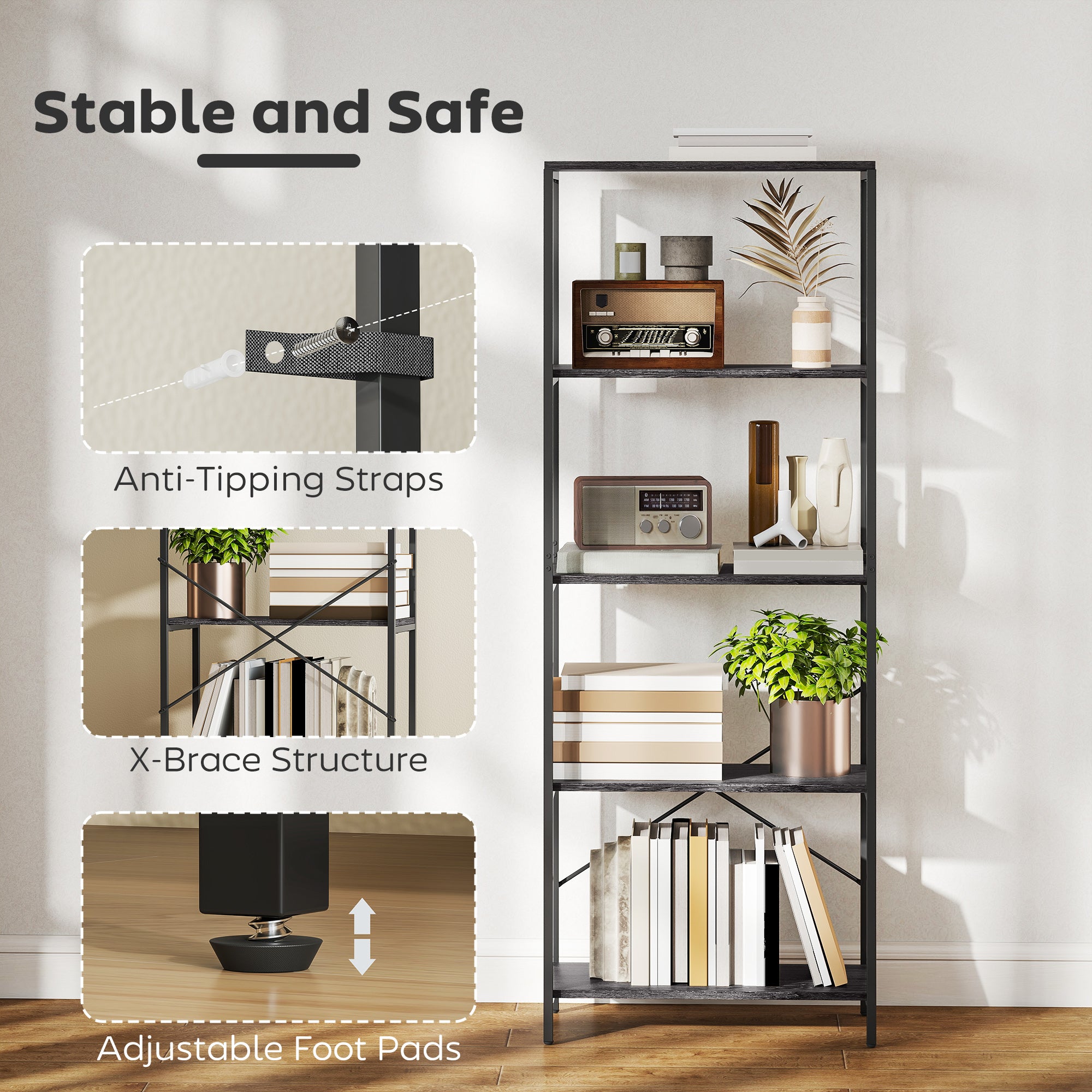 5-Tier Bookshelf, Industrial Bookcase with Metal Frame - Dark Grey and Black