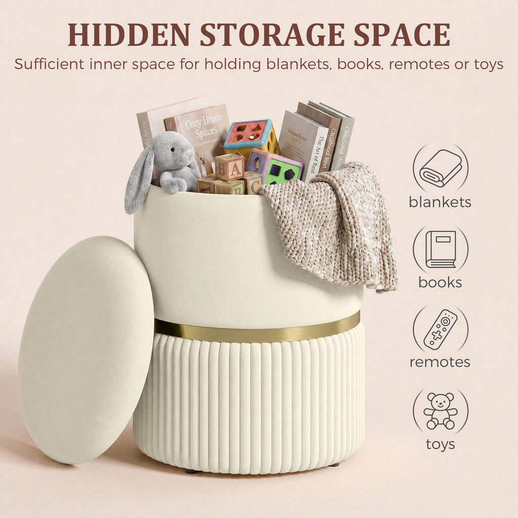 Round Storage Stool, Velvet-feel Fabric Upholstered Vanity Stool with Removable Top, Padded Seat and Hidden Space, Beige