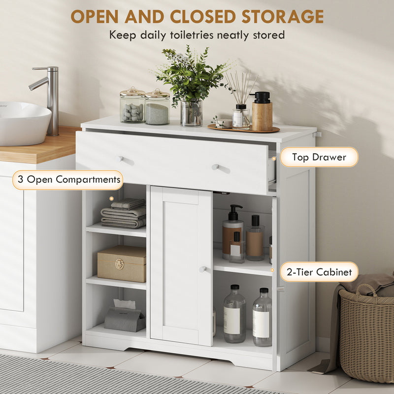 HOMCOM Bathroom Floor Cabinet, Freestanding Bathroom Cabinet with Drawer, Door, Open Shelves, White – view 4