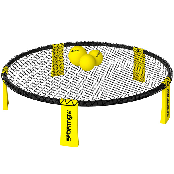 Yellow and black spike ball game set with round net on foldable legs, three balls and pump