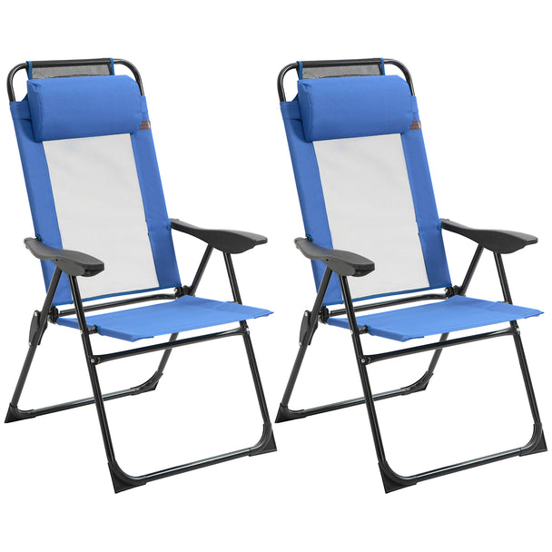 Pair of blue folding high-back garden chairs with mesh seats and padded headrests