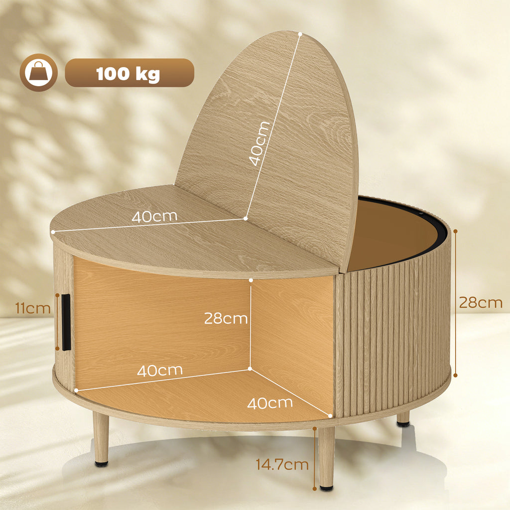 Coffee Table with Lift Top and Hidden Storage, Round Centre Table with Fluted Sliding Door, 80 cm, Natural Wood