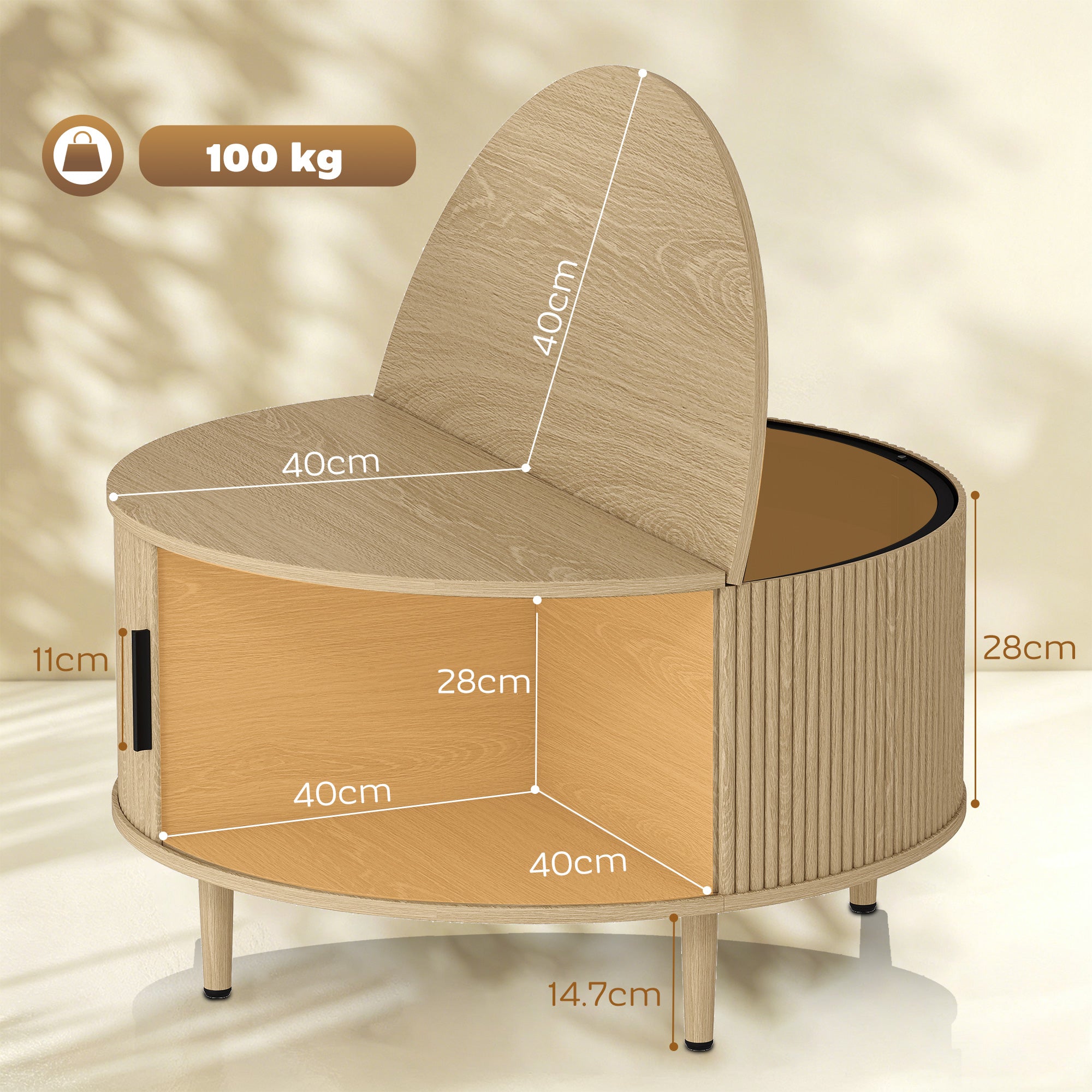 Coffee Table with Lift Top and Hidden Storage, Round Centre Table with Fluted Sliding Door, 80 cm, Natural Wood