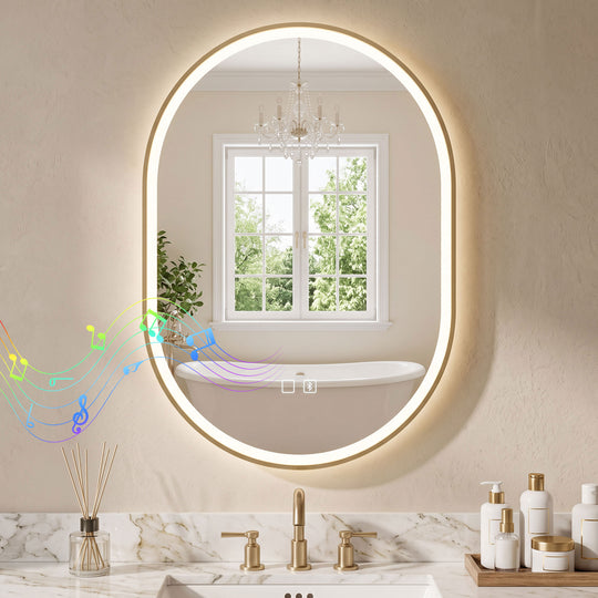 HOMCOM Bathroom Mirror with LED Lights, 100x70cm Oval Bathroom Mirror, Dimmable, Bluetooth, Anti-Fog, Gold Tone – view 2
