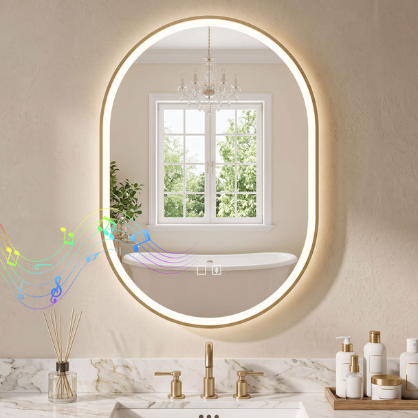 HOMCOM Bathroom Mirror with LED Lights, 100x70cm Oval Bathroom Mirror, Dimmable, Bluetooth, Anti-Fog, Gold Tone – view 2