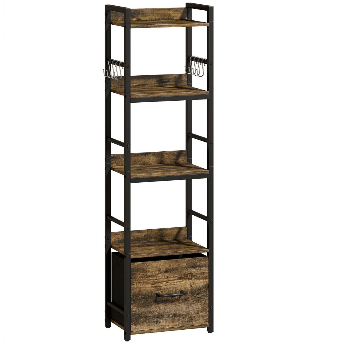 4-Tier Narrow Bookcase with Drawer & 8 Hooks – Rustic Brown