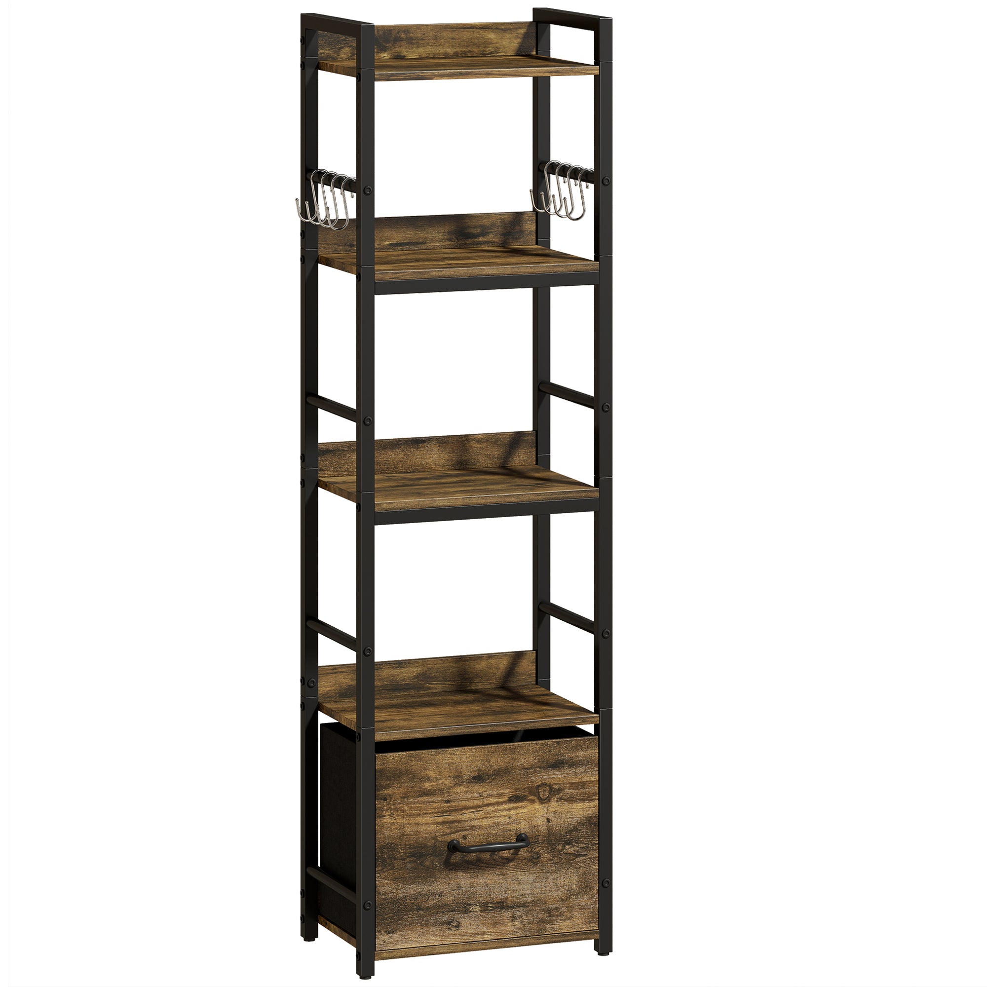 4-Tier Bookshelf, Narrow Bookcase with Drawer, 8 Hooks, Metal Frame, Rustic Brown