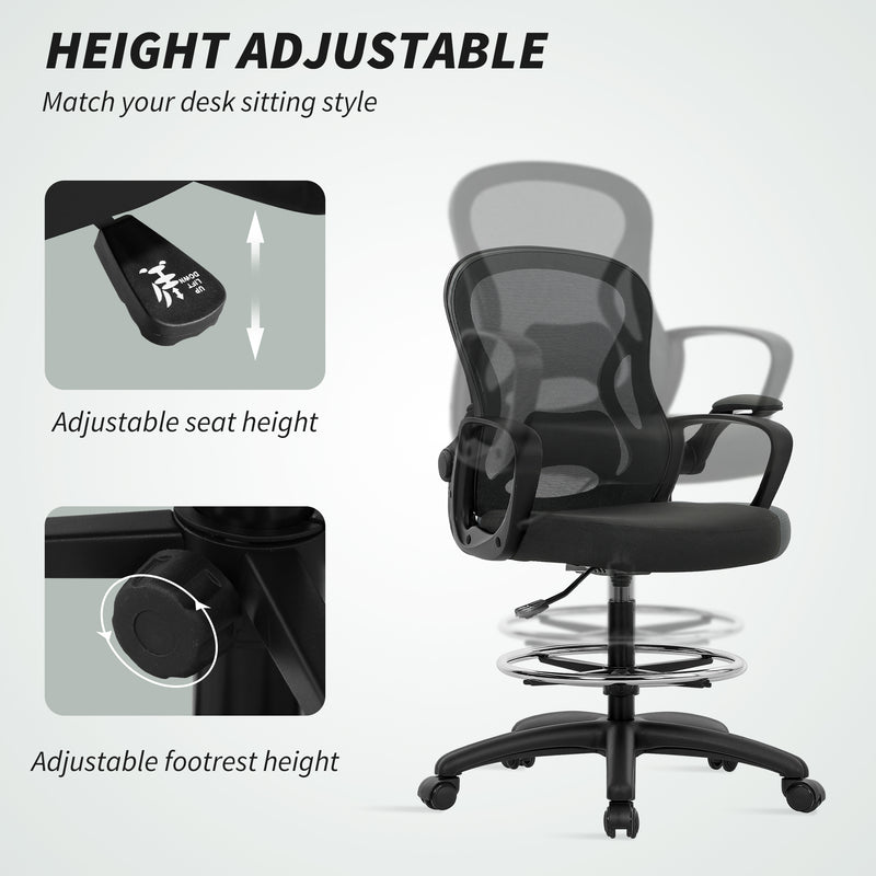 Vinsetto Drafting Chair with Adjustable Footrest, Ergonomic Mesh Office Chair with Lumbar Support, Adjustable Height – view 4