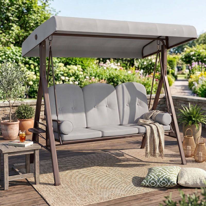 Outsunny 3 Seater Canopy Swing Chair, Outdoor Garden Swing Seat with Adjustable Canopy, Cushions and Cup Trays, Steel – view 9