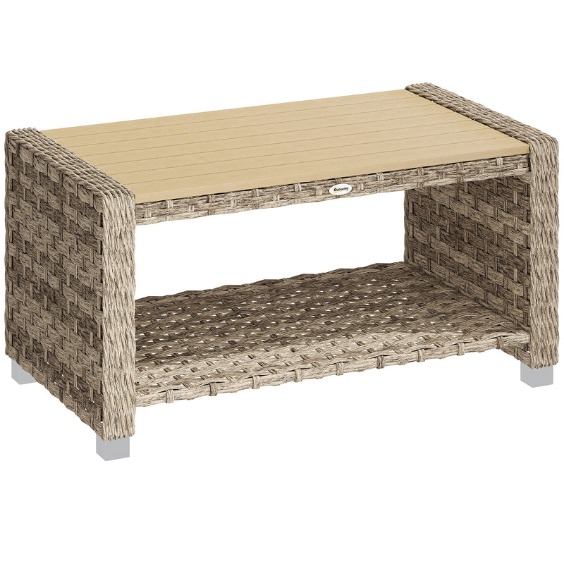 90 cm light brown PE rattan garden coffee table with slatted top and lower storage shelf