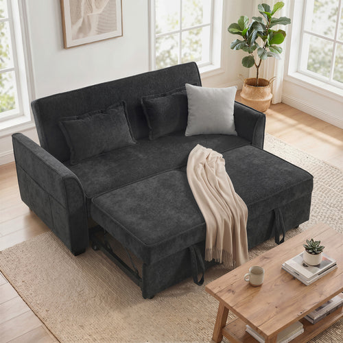 2 Seater Sofa Bed, 4-in-1 L-Shaped Convertible Pull-Out Sleeper Sofa with Adjustable Backrest and Side Pockets, Black