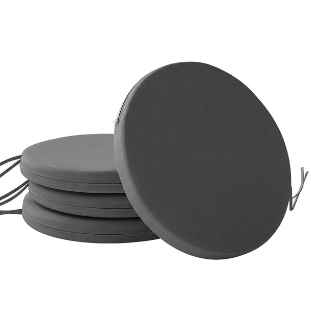 Four dark grey round bistro chair cushions, 41 cm diameter, with ties on garden chairs