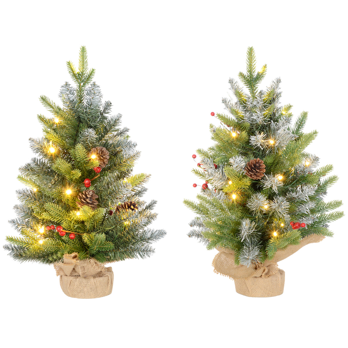 Pair of 2ft pre-lit tabletop Christmas trees with snowy tips, red berries and pine cones