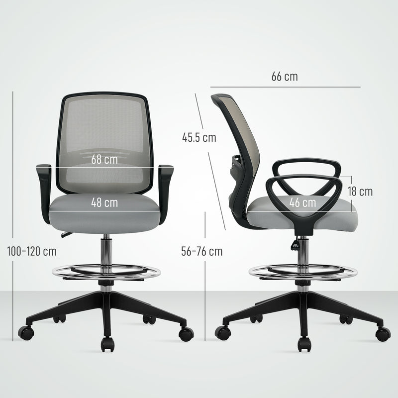 Vinsetto 100-120cm Draughtsman Office Chair, with Footrest - Light Grey – view 3