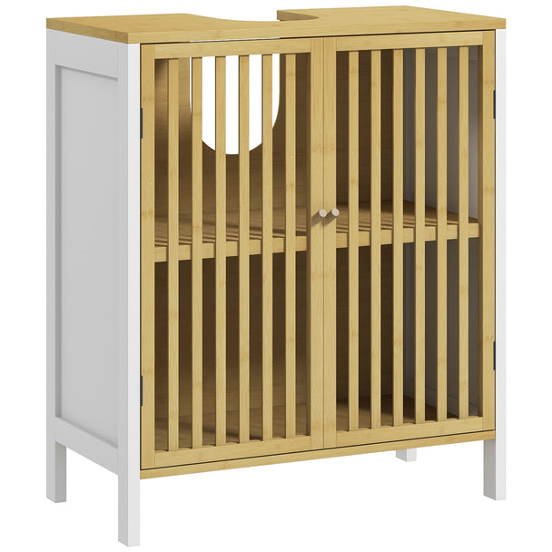 White and natural bamboo under sink cabinet with slatted door and U-shaped pipe cut-out