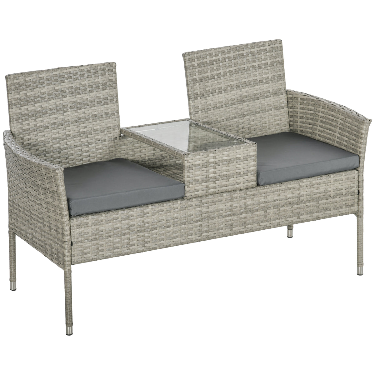 Mixed grey 2-seater rattan bench with glass-top middle table and cushions