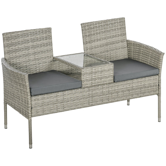 Mixed grey 2-seater rattan bench with glass-top middle table and cushions