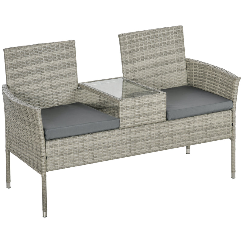 Mixed grey 2-seater rattan bench with glass-top middle table and cushions
