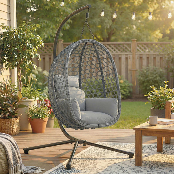 Outsunny Hanging Egg Chair, Indoor Outdoor Rattan Hammock Swing Chair with Stand, Safety Strap, Foldable Basket, Dark – view 2