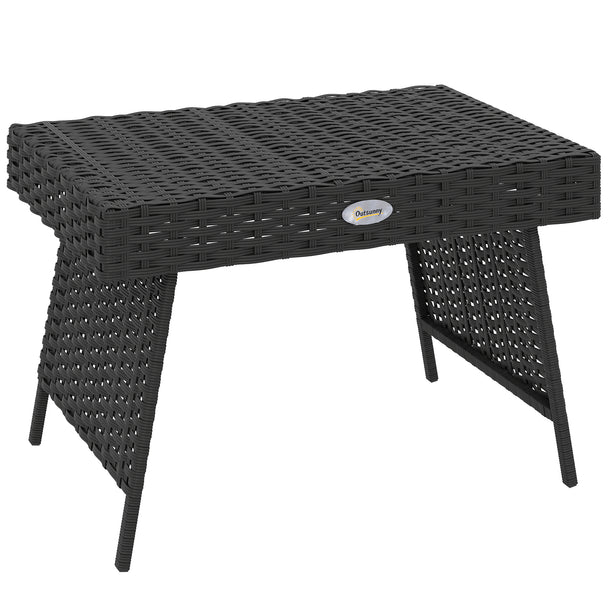 Black folding rattan side table with steel frame and panel legs