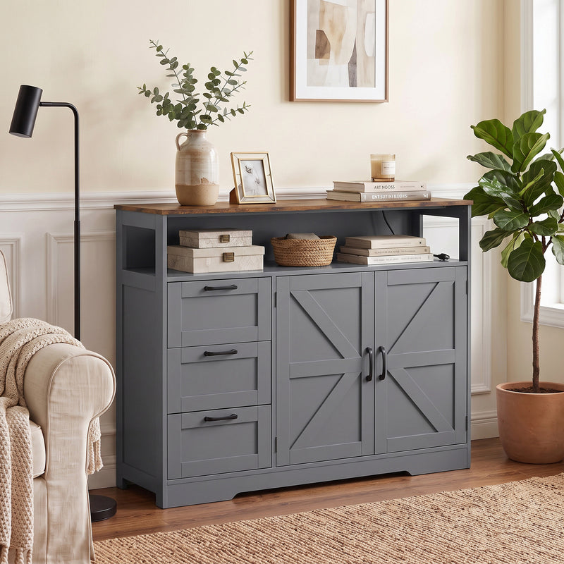 HOMCOM Sideboard Cabinet with Power Outlet, Farmhouse Kitchen Cabinet with 3 Drawers and Open Shelf, Grey – view 9
