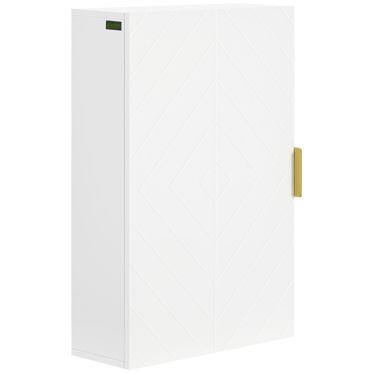 White wall-mounted bathroom cabinet with embossed doors and gold-colour accents