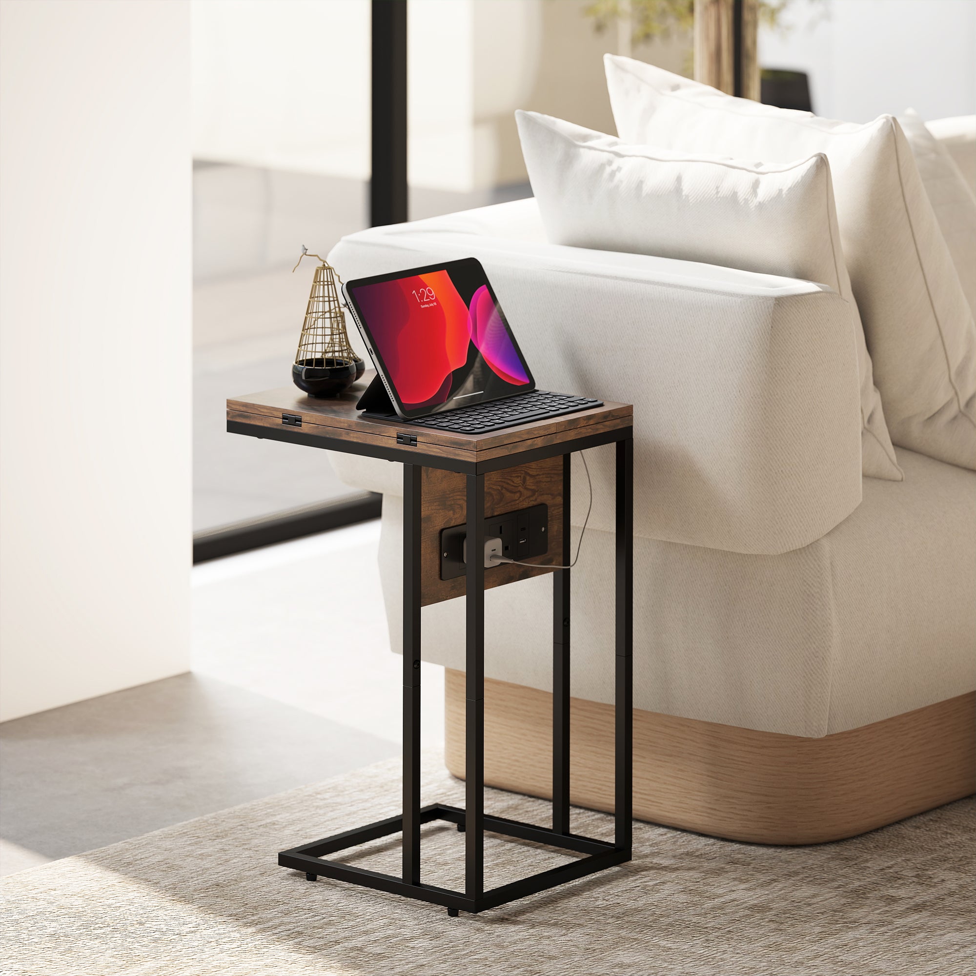C Shaped Side Table with Charging Station and Foldable Top - Rustic Brown