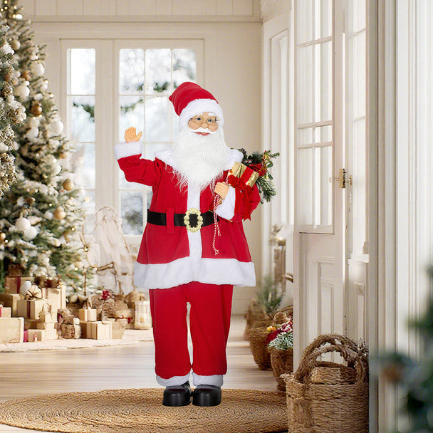 120cm Voice-Activated Santa beside a decorated Christmas tree